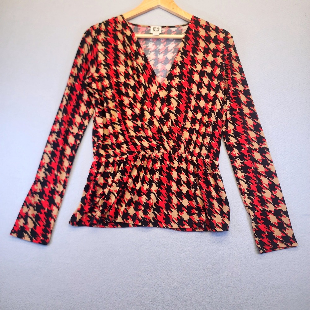 Anne Klein Red Black Abstract Houndstooth Peplum Wrap Top Long Sleeve Small S